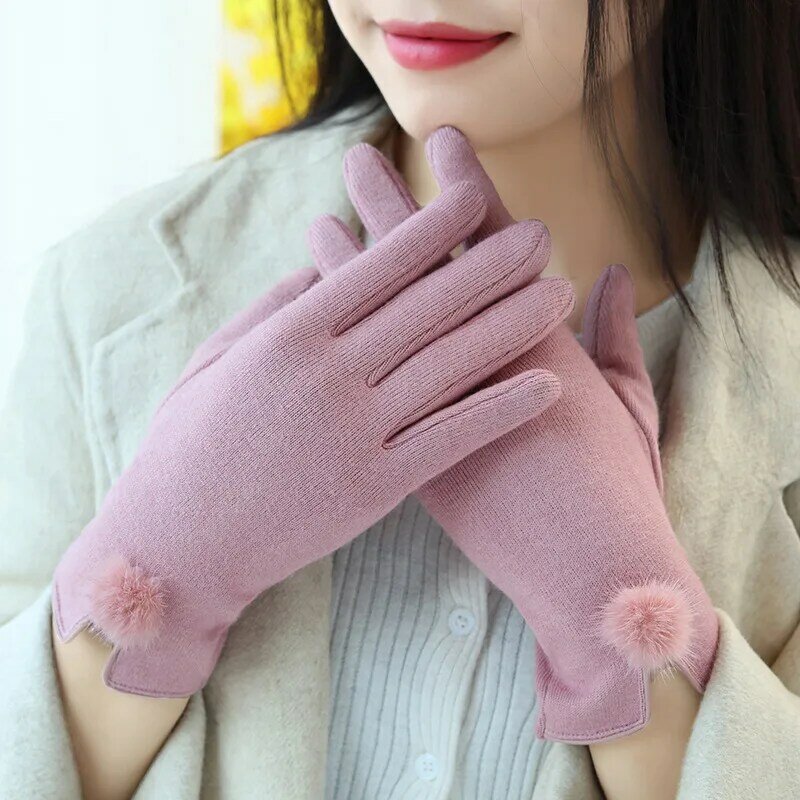 New Women Winter Warm Touch Screen Thin Fleece Not Bloated Hairball Elegant Female Windproof Cycling Drive Mittens Gloves