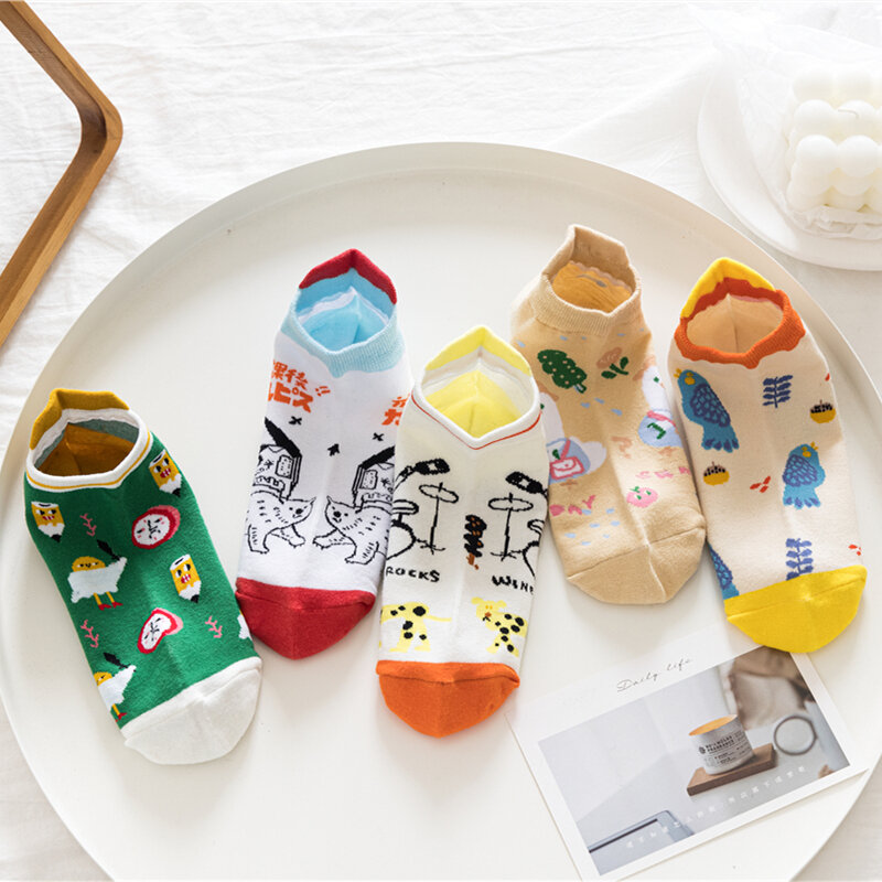 Calcetines de algodón con diseño original para mujer, medias transpirables divertidas con diseño de animales, novedad, 5 pares