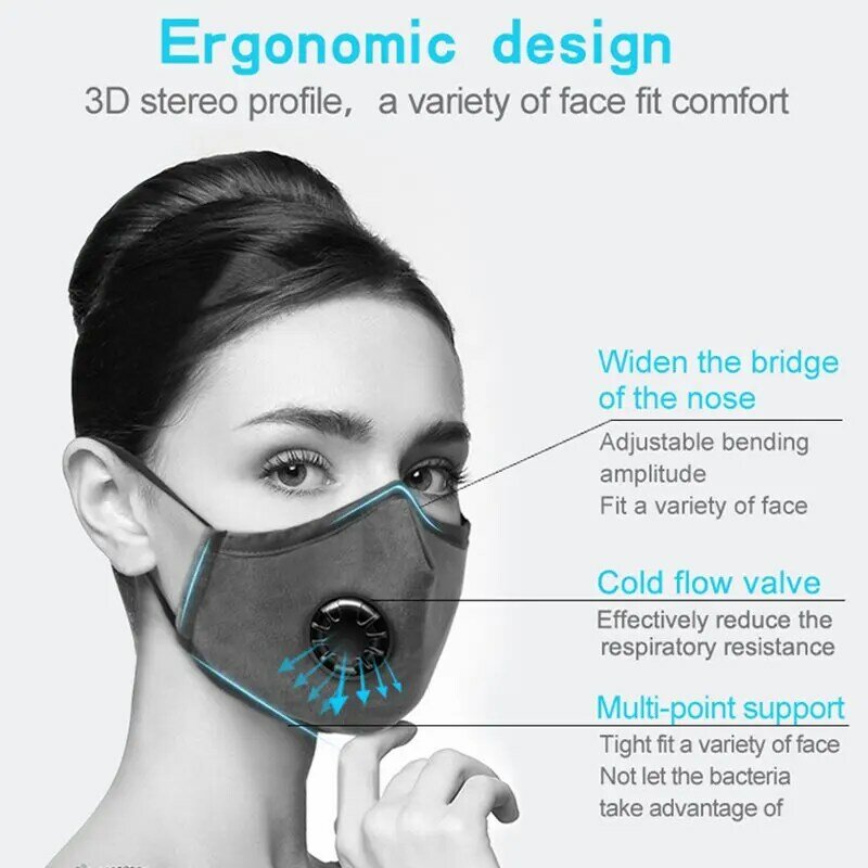 Máscara unissex para boca com respirador, antipoeira e lavável, máscara de algodão com 5 camadas de carbono ativado pm2.5 almofada de filtro