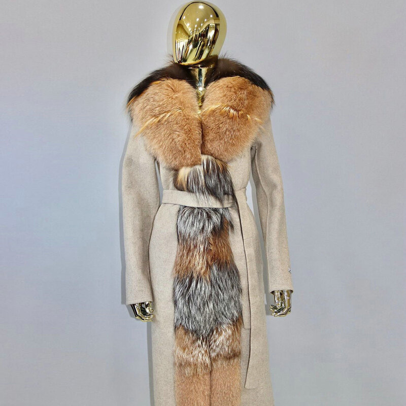 2022 Winter New Long Wool Blends Coats with Long Fox Fur Collar Natural Woman Genuine Fox Fur Cashmere Coat Warm Outwear Female