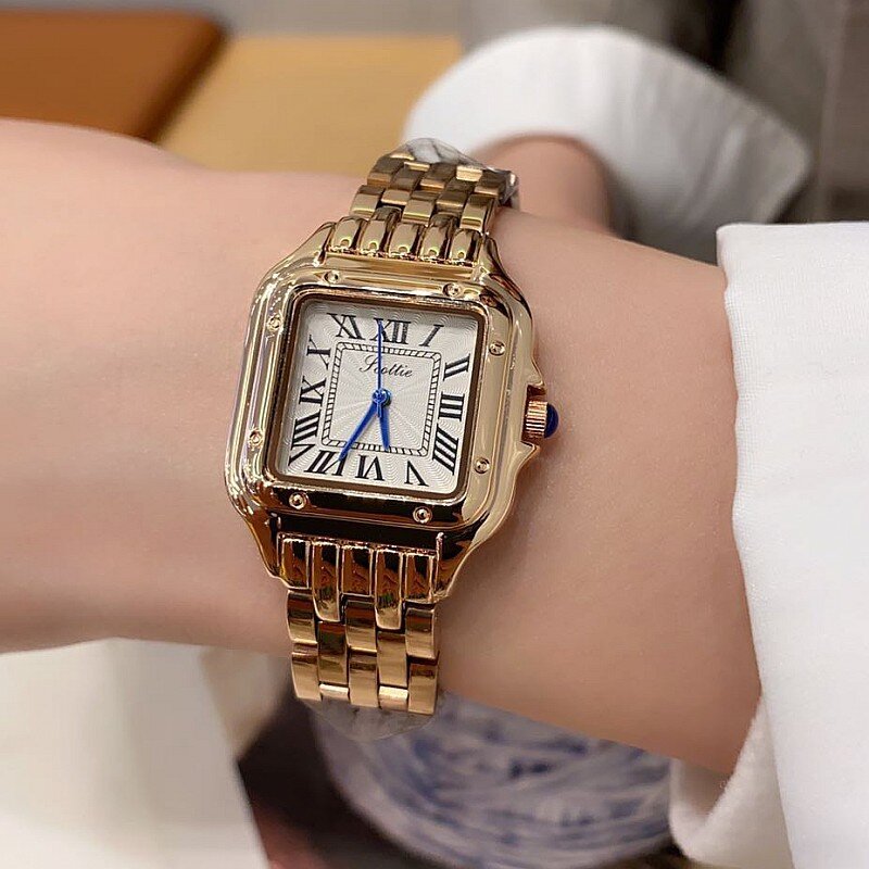 Часы наручные женские с квадратным циферблатом, модные кварцевые простые Роскошные с браслетом из розового золота, 2023