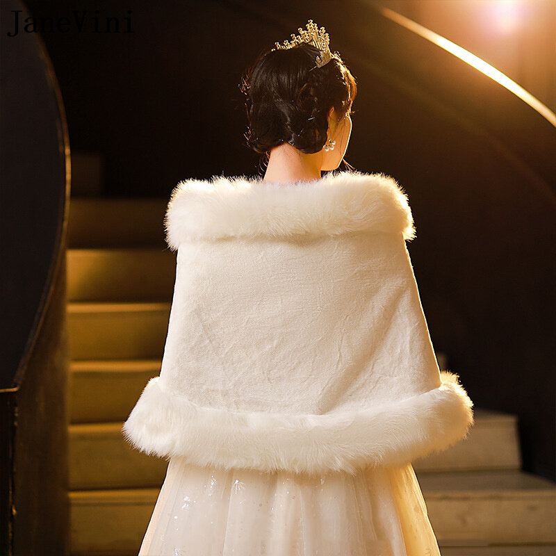 JaneVini Ivory ผ้าคลุมไหล่สำหรับผู้หญิง155*55ซม.ฤดูหนาว Warm Bolero Mariage Faux Fur งานแต่งงาน Capes ห่อ stole เจ้าสาว Capelet