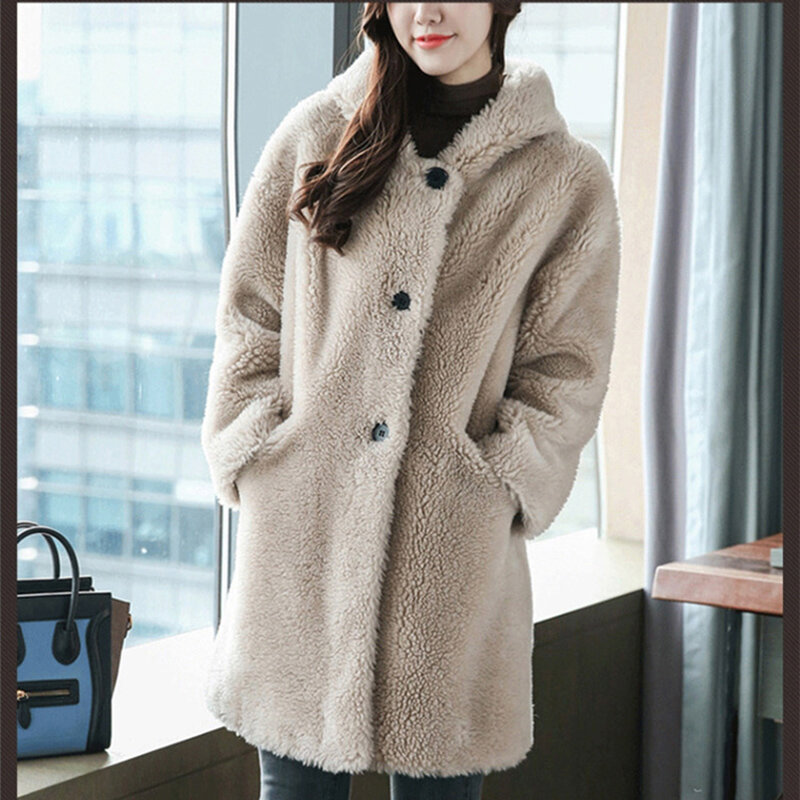 Abrigo de piel auténtica para mujer, abrigos de lana Natural de alta calidad con gorro, grueso, cálido, elegante, suelto, talla grande, prendas de vestir largas
