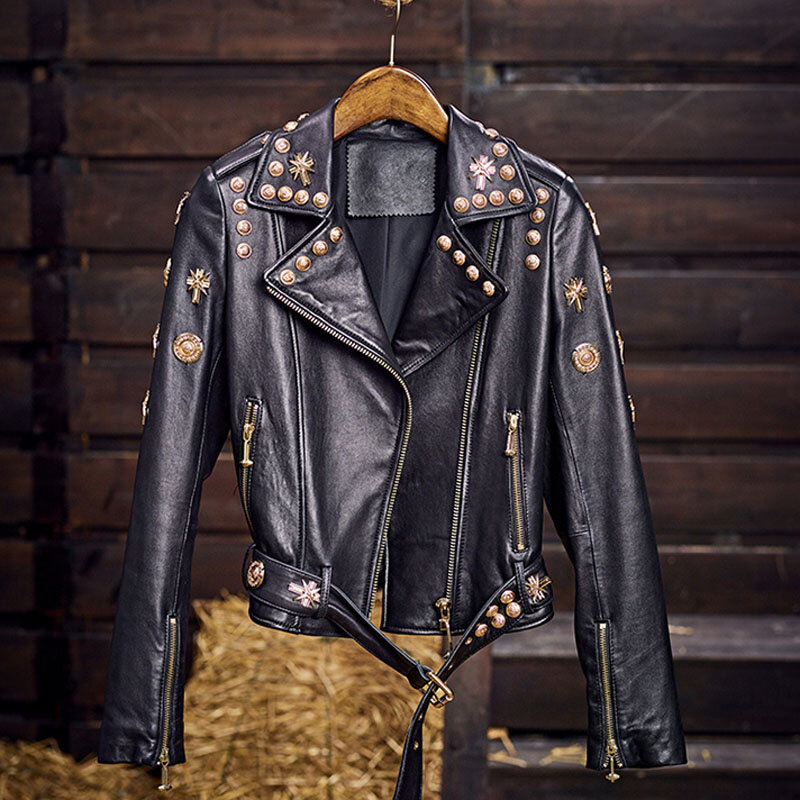 Marca de luxo designer rebite gótico do punk real pele carneiro jaquetas couro genuíno fino motocicleta motociclista senhoras casacos chaqueta mujer
