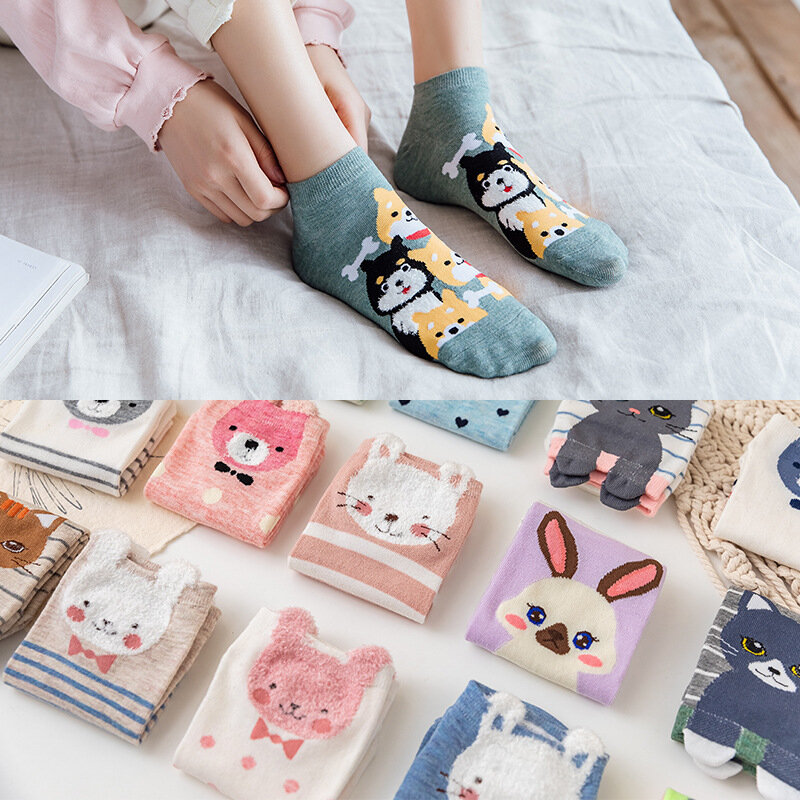 5 pares de kawaii desenhos animados meias curtas, harajuku gato urso coelho cachorro pinguim animal fofo primavera e verão mulheres