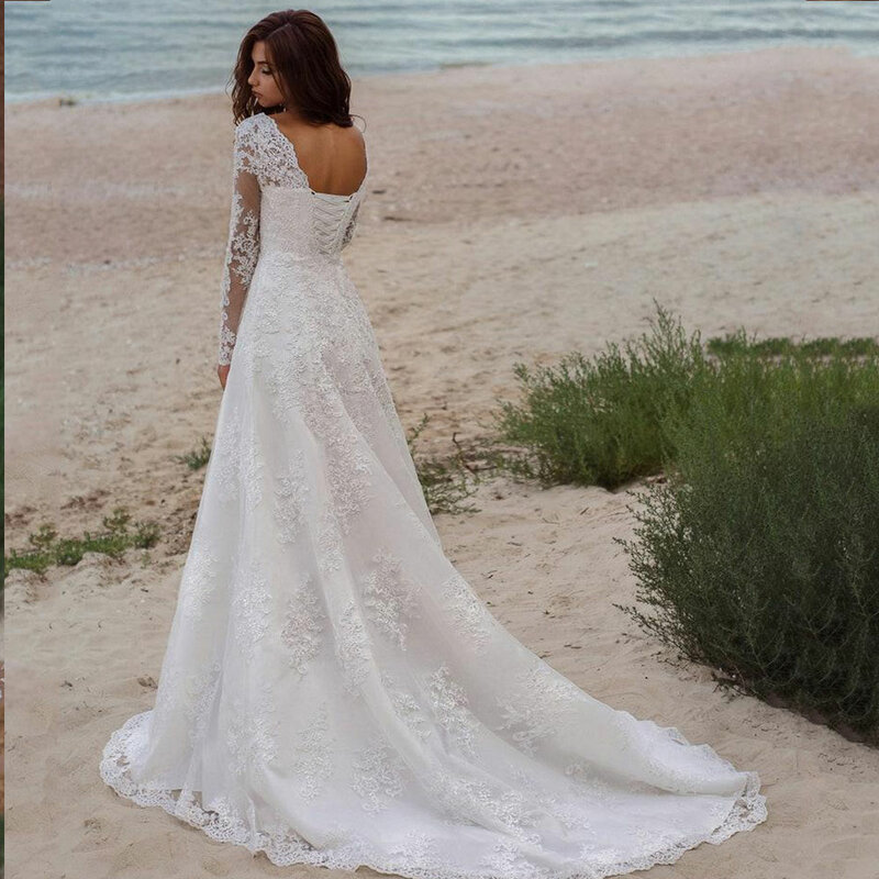 Vestios De Novia Lace Up A-line Wedding Gowns V-neck Appliques Long Sleeves Garden Elegant Bridal Dresses with See hrough Back