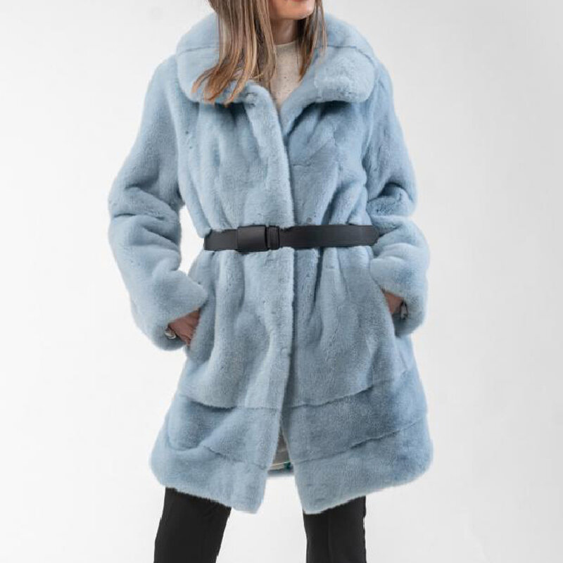 Bfhur-abrigos de piel de visón Natural para mujer, abrigo largo de piel de visón, con cuello vuelto, piel auténtica, de lujo