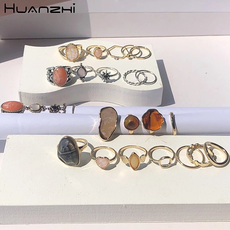 HUANZHI 여성용 빈티지 다채로운 스톤 금속 손가락 반지, 한국 히트 반지, 소녀 웨딩 파티, 여름