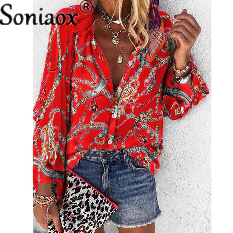 Chains Printing Blouses Ladies Sexy V-Neck Button Long Sleeve Shirt 2021 Womens Elegant Spring Autumn New Tops Blouse Plus Size
