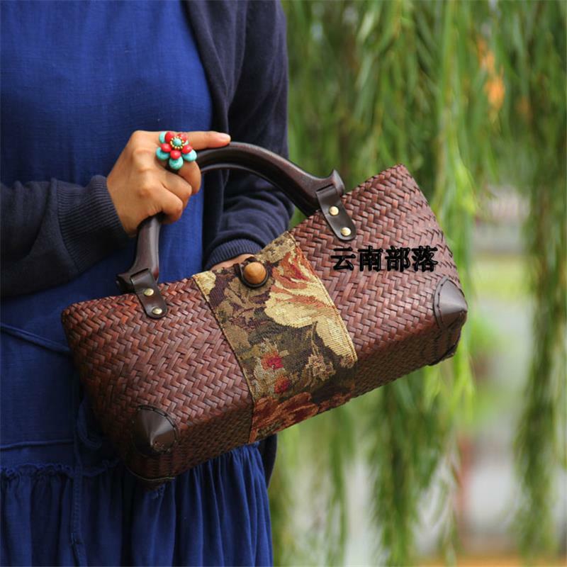 Saco de palha velho artesanal Rattan tecido, punho de madeira, bolsa retro, características originais do estilo chinês, 32x12cm, A6103