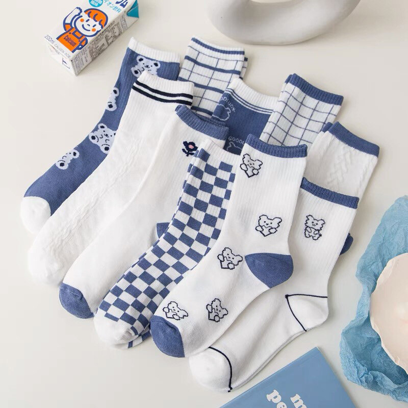1 par de calcetines de algodón cálidos para mujer, medias deportivas Kawaii con estampado de tubo medio para estudiantes, color azul, Otoño e Invierno