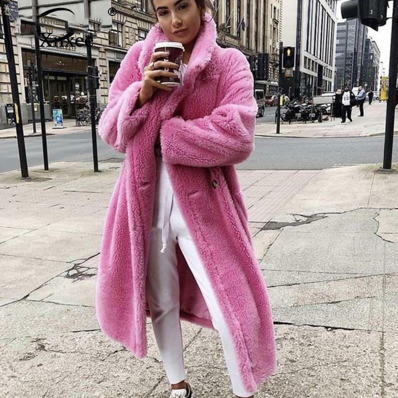 Abrigo largo de felpa rosa para mujer, abrigo grueso y cálido de Color sólido, abrigo de piel de Cachemira hecho para invierno, novedad de 2021