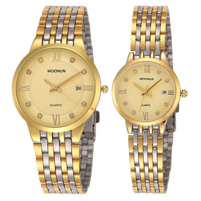 남성 여성 울트라 얇은 시계 WOONUN 최고 브랜드 럭셔리 골드 커플 시계, 연인을 위한 패션 시계 스테인레스 스틸 쿼츠 시계
