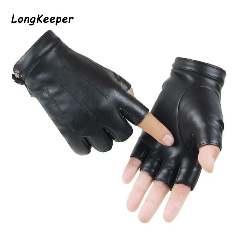 2020 Women Black PU Leather Fingerless Gloves Solid Female Button Warm Half Finger Driving Men motor Punk Gloves Thick Guantes