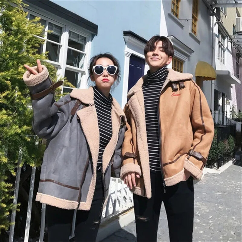 Primavera casal jaqueta de algodão moda solto grosso cordeiro lã jaquetas na moda locomotiva roupas masculino e feminino casaco quente estudante