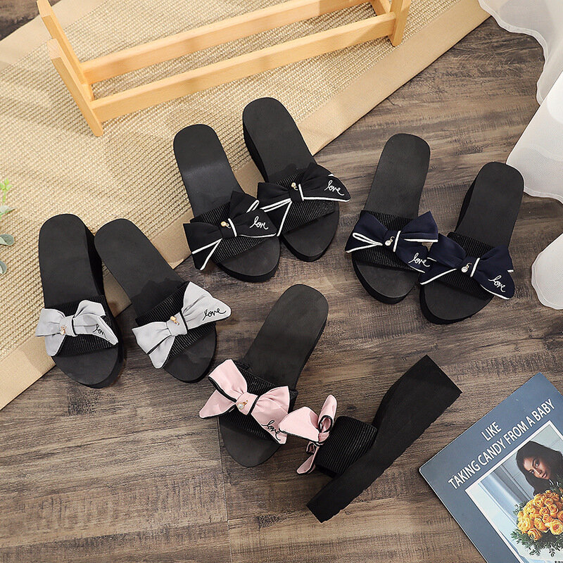 2020 new Slippers women wear summer new fashion sandal Beach Slides Bow  height Increasing Shoes Comfortable height-heel Shoes
