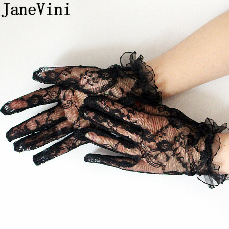 JaneVini-guantes de noche negros sexys, de encaje, de dedo completo, transparentes, para novia, longitud de muñeca corta, guantes de boda, gants mariee, nuevo