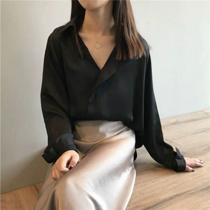 2021 Summer Autumn Casual Blouse Women Fashion Long Sleeves Tops Vintage Femme V Neck Shirts Elegant Sexy Silk Blouse