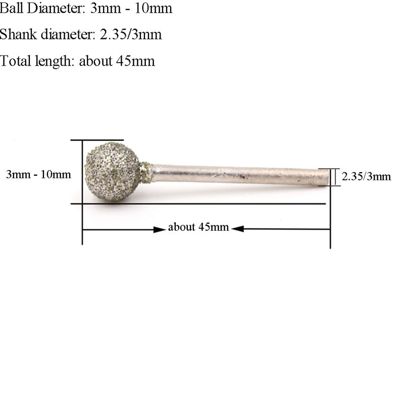 5/10/20 pces 3mm-10mm bola redonda diamante rebarba moagem bit 2.35/3mm haste para dremel 60 grão