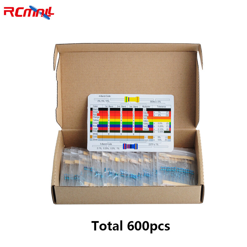 RCmall-película metálica de resistencia de anillo de cinco colores, 600 piezas, 1/4W, precisión 1%, 30 valores cada valor, empaquetado Individual