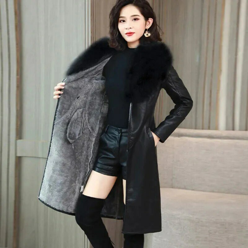 Women Winter Jacket 2023 Leather Cotton Padded Parkas Long Thicked Warm Add Velvet PU leather Jacket Female Winter Coat W2356