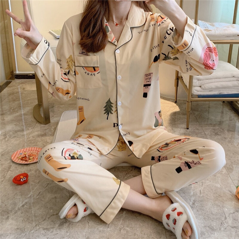 Herfst Pijamas Dames Pyjama Set 2021 Lente Polka Dot Print Pyjama Set Katoenen Nachtkleding Femme Top + Broek Vrouwen Homewear sets