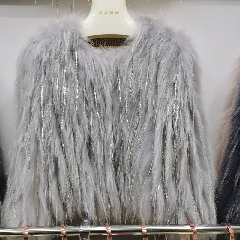 本物のキツネの毛皮で編まれた女性のためのフリンジコート,長さ55cm,新しいファッション,アライグマの毛皮で織られた