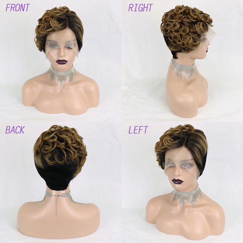 Peluca de cabello humano ondulado estilo Bob para mujer, postizo de encaje frontal 13x4, pelo brasileño rizado con densidad de 150%, corte Pixie Perruque