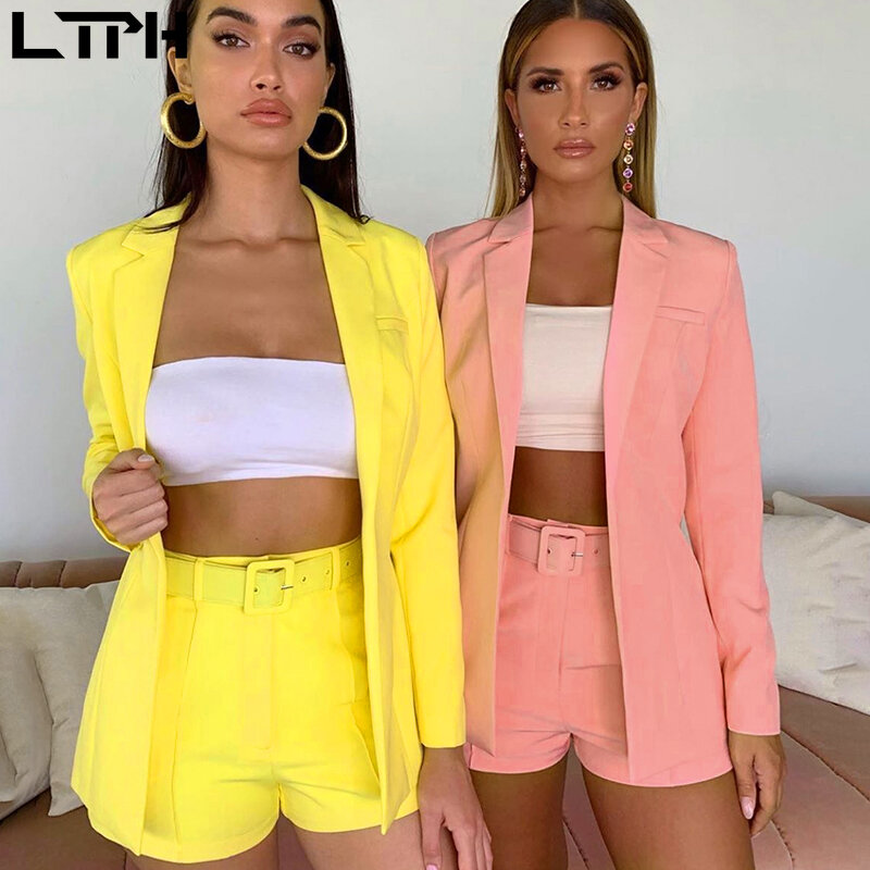 LTPH Hot sale 2021 New Women Casual Sets Autumn long sleeve cardigan Blazer Set two piece outfits shorts solid Lady Short Suits