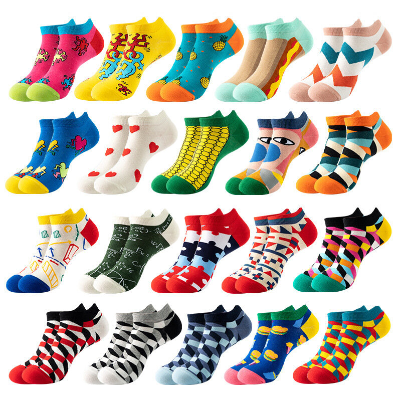 Meias de tornozelo treliça geométrica masculina, meias curtas de algodão penteado, coloridas, casuais, novidade, qualidade, verão