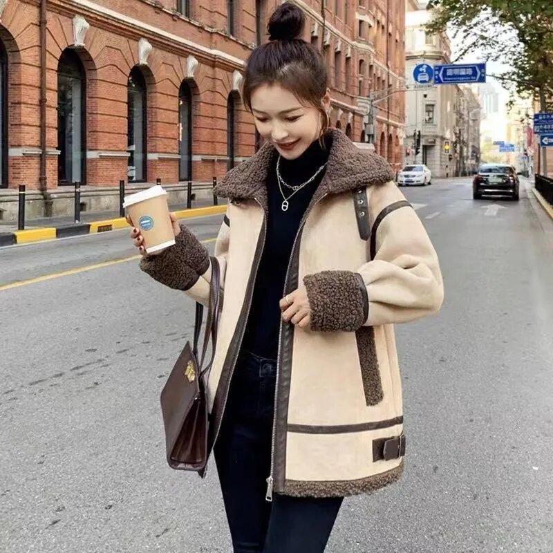 Winter Luxury Vintage Faux Lamb Wool Fur Coat Women New Korean Fashion Thicken Warm Coat Patchwork Motorcycle Loose Short Jacket