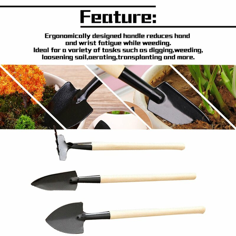 3pcs/Set Mini Home Balcony Gardening Tools Wood Handle Stainless Steel Potted Plants Shovel Rake Spade for Flowers Potted Plant