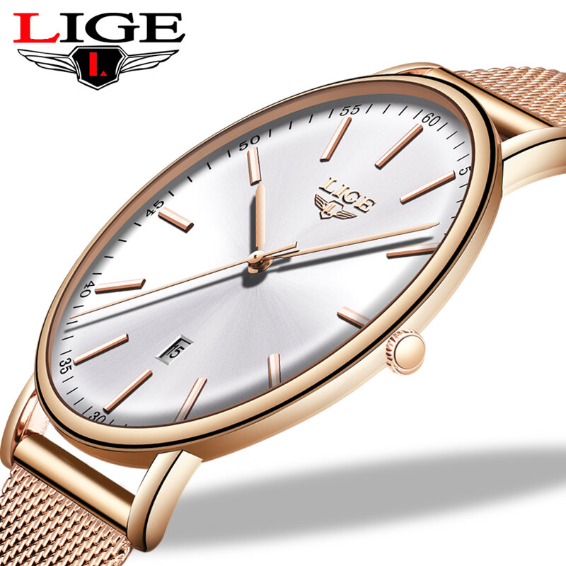 Lige s-女性用ステンレススチール腕時計,超薄型,カジュアル,クォーツ,耐水性,女性用