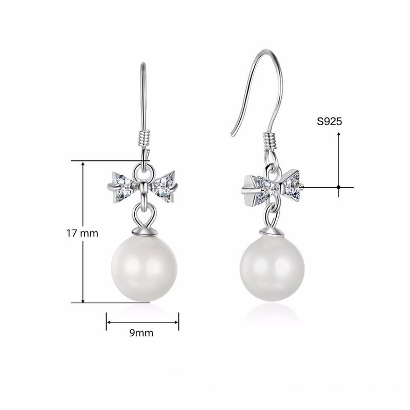 XINSOM Elegant 925 Sterling Silver Earrings For Women Romantic Zircon Bowknot Pearl Dangle Earrings Fine Jewelry Gift 20MARE10