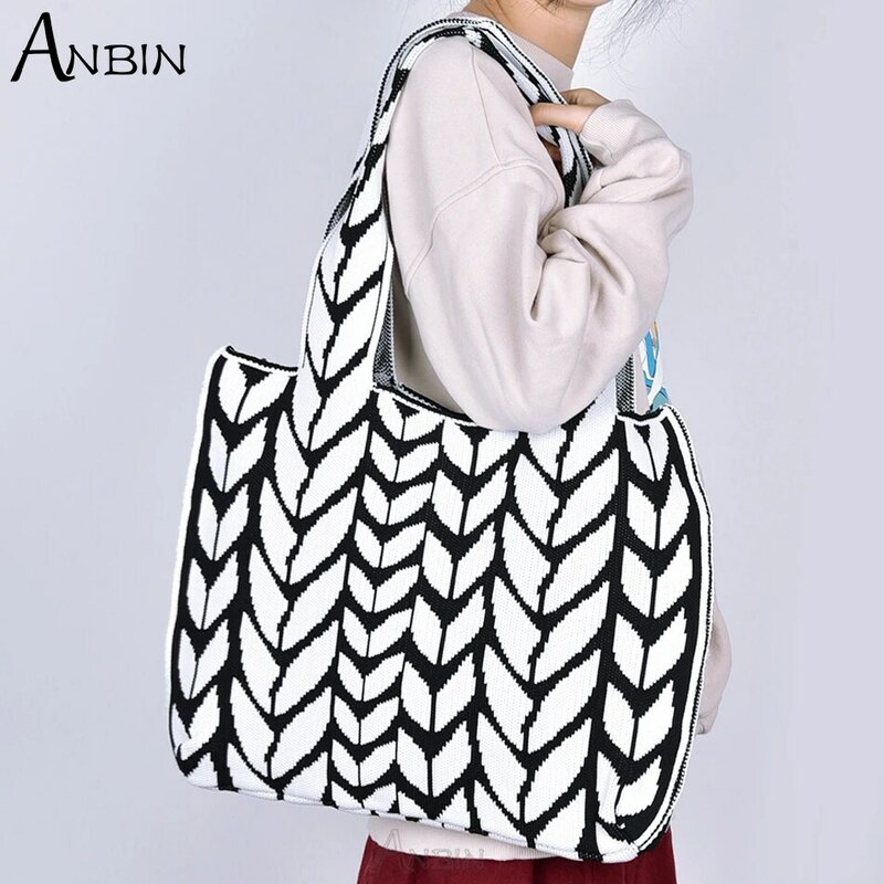 Bolsa de ombro feminina retro elegante de malha lã tecido padrão de orelha trigo moda bolsa feminina grande capacidade shopper tote