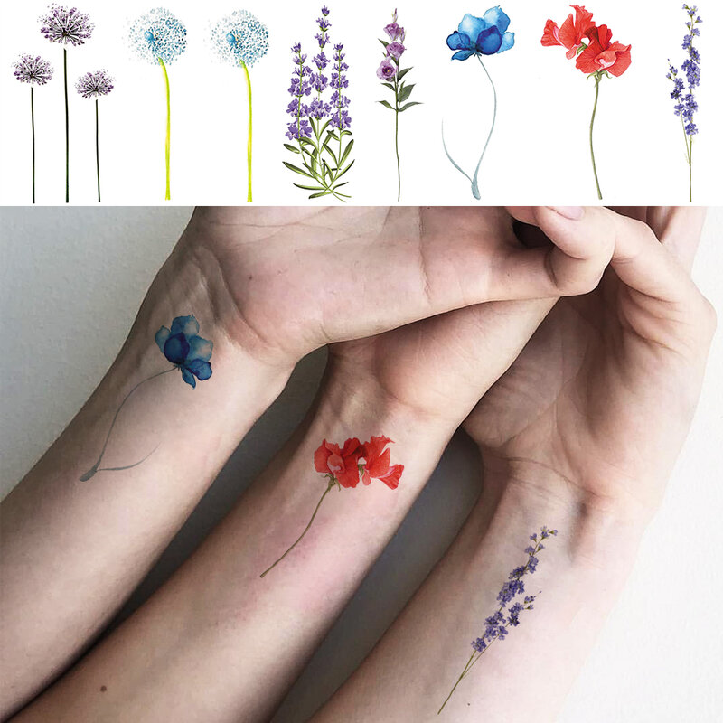 3D Aquarell Lavendel Blume Temporäre Tattoos Für Frauen Körper Kunst Arm Gefälschte Flora Erwachsene Tattoo Aufkleber Wasserdicht Mädchen Tatoos