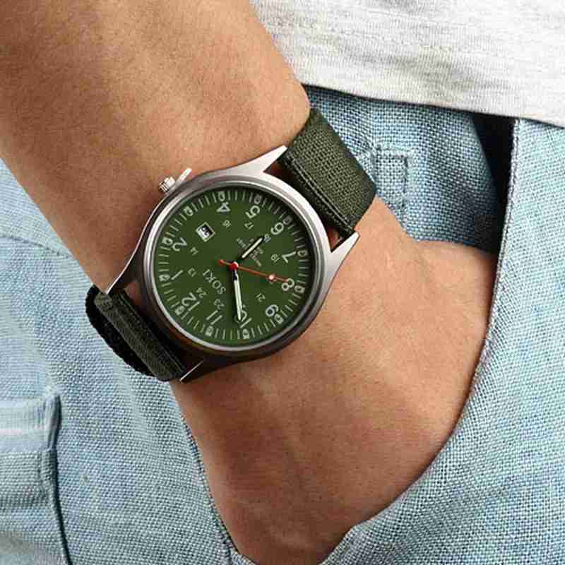 Reloj de campo luminoso para hombre, pulsera de mano tejida, cinturón de lona, verde fluorescente, calendario masculino, regalo de exhibición de semana