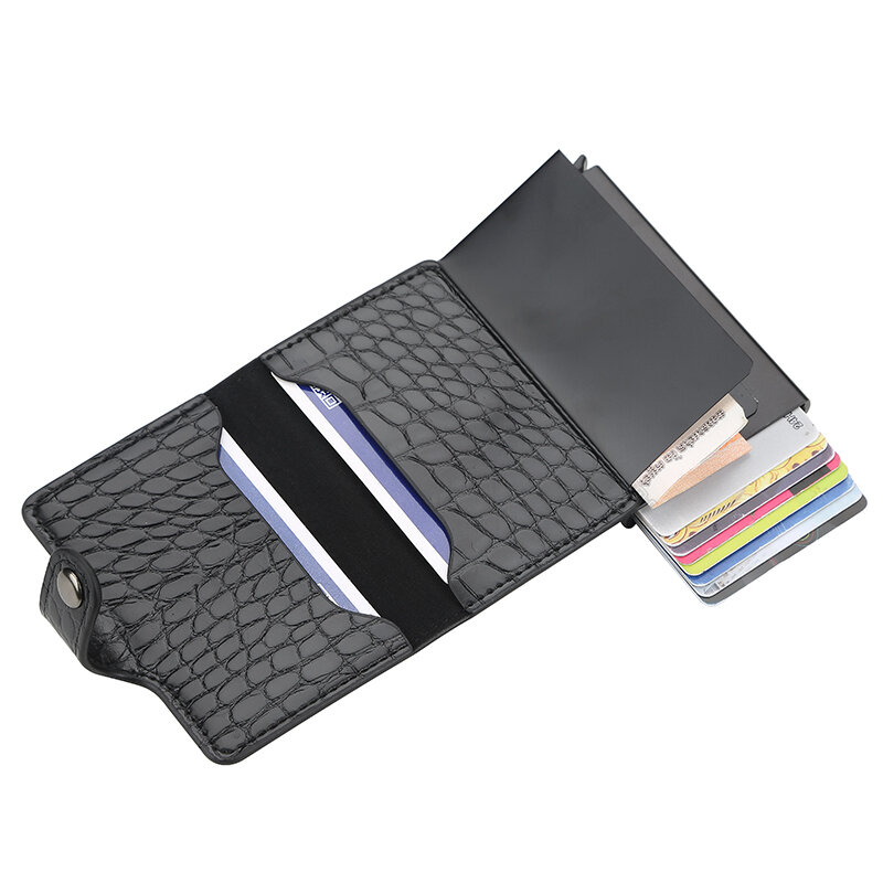 New RFID Aluminium Alloy Credit Card Holder PU Leather Card Wallet Card Holder for Men Women Automatic Pop Up Card Case