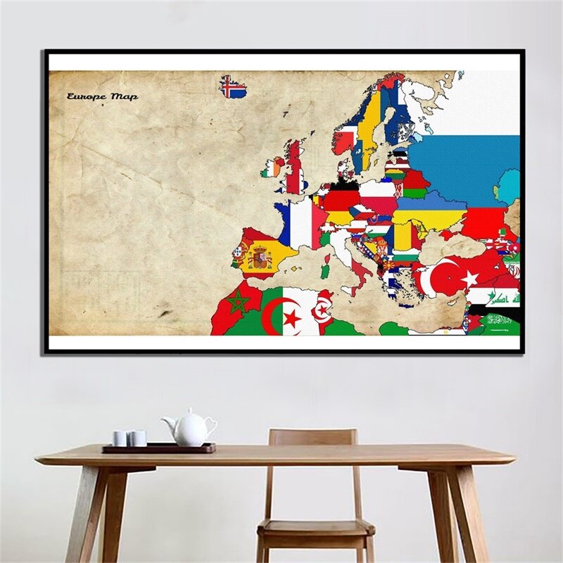 Mapa europeu do mundo vintage, 90*60cm, adesivo, não-tecido, mapa do mundo, pôster, versão horizontal, sala de estar, casa, escritório, decoração