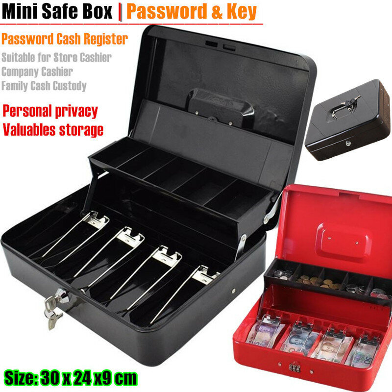 XL:30x24cm logam Mini kotak aman kunci toko uang koin kasir 2-lapisan lipat kata sandi mesin kasir perhiasan kartu penyimpanan