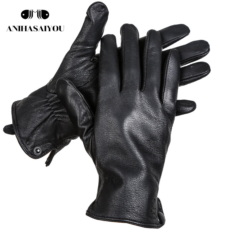 Buckskin men's winter gloves,Simple gloves male,Durable mens leather gloves, winter Genuine leather gloves men -8011N