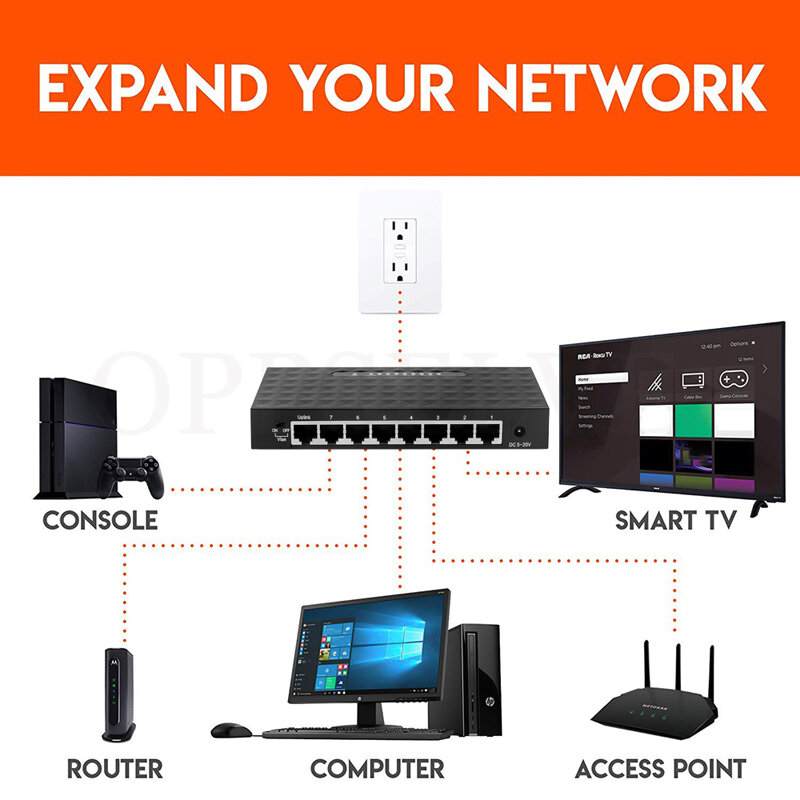 Rede Switcher Lan Hub, Ethernet Smart Switch, Internet Splitter, Alto Desempenho, Alta Velocidade, RJ45, 100 Mbps, 1000Mbps, 8 Portas