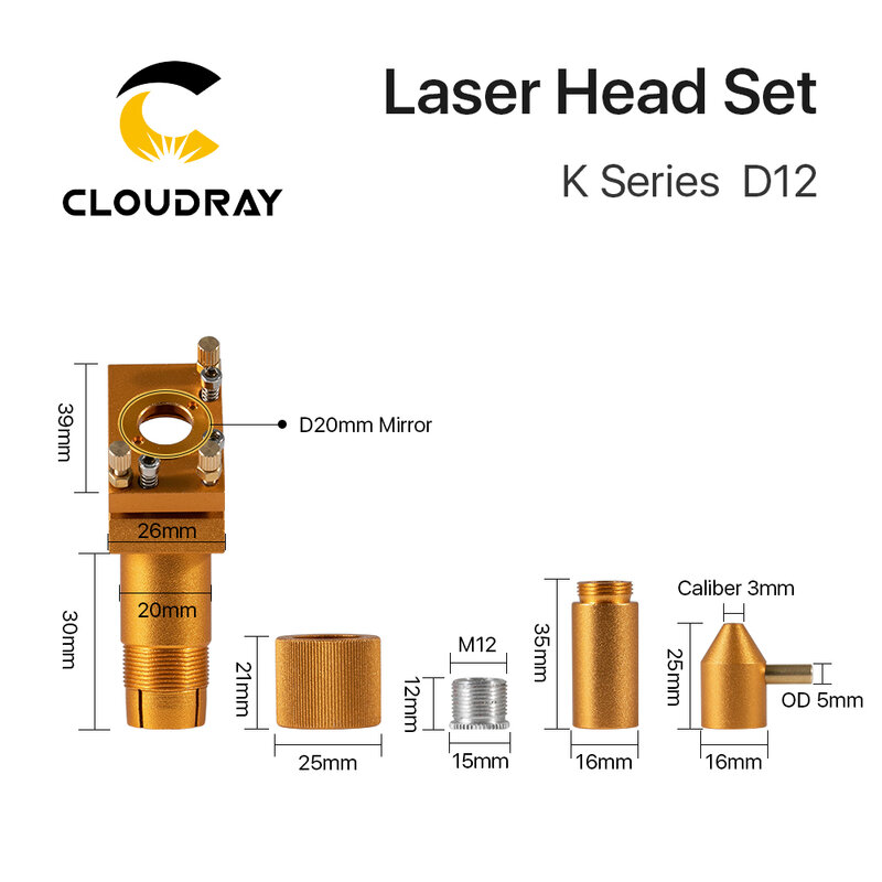 Cloudray K Series CO2 Laser Head Set D12 18 20  FL50.8mm Lens Gold Color for 2030 4060 K40 Laser Engraving Cutting Machine