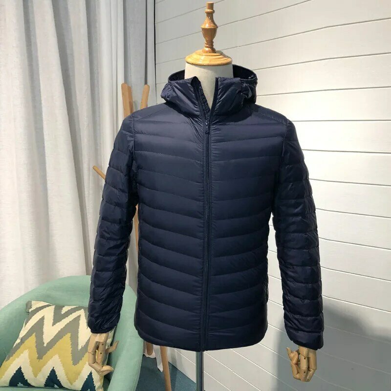 Jaket bertudung untuk pria, Jaket bebek bawah hangat super ringan musim dingin musim gugur 90%, pakaian luar parka