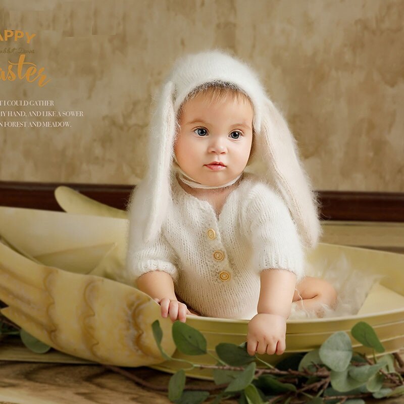 Adereços de fotografia recém-nascidos, macacão de coelho fuzzy para o bebê foto prop