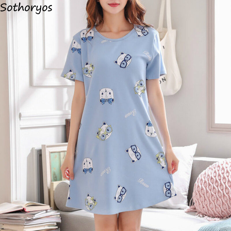 Camisas de noite femininas impresso à moda popular3xl solto dos desenhos animados kawaii estilo coreano chique lazer pijamas das mulheres doces