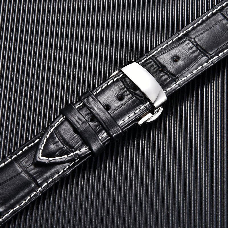 Klasik Bisnis Timbul Kulit Strap dengan Stainless Steel Gesper Watchband 18Mm 20Mm 22Mm 24Mm tali