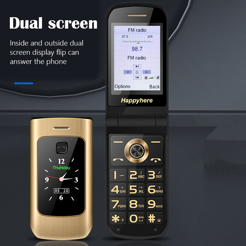 Happyhere-Desbloqueado Flip Telemóveis, Dual Screen Speed Dial, celular, SOS, MP3, tocha FM, botão, teclado, telefone celular barato, F18