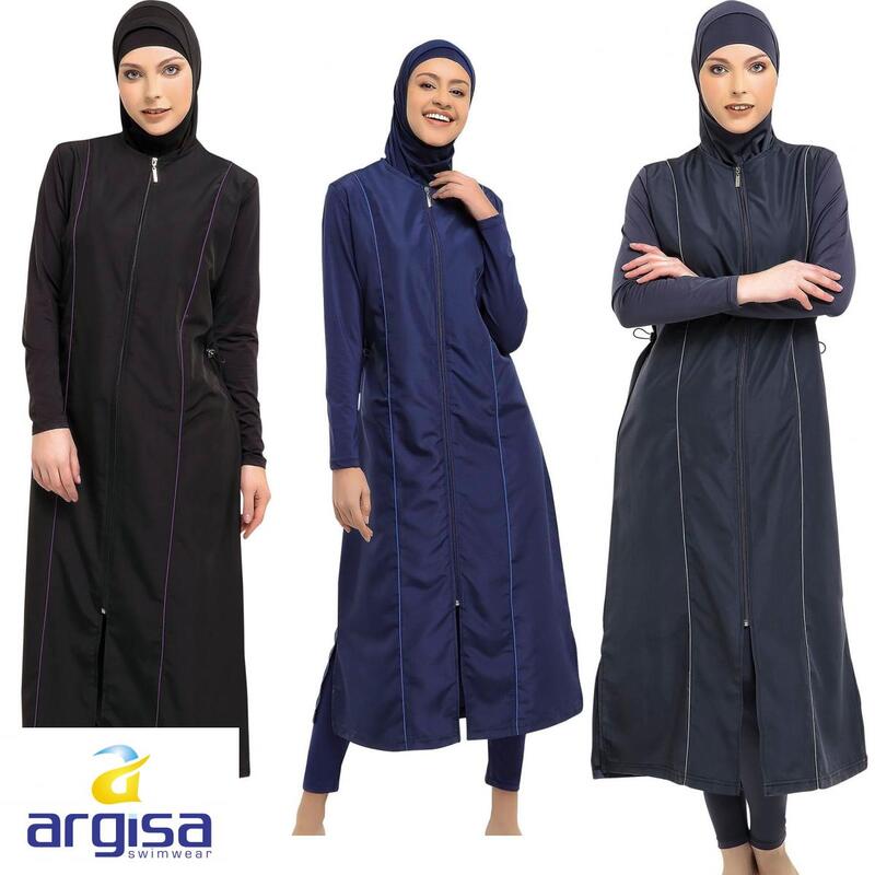 Argisa maiô muçulmano longo, mangas micro longas, tamanho extra grande, roupa de banho hijab islâmico turco feminino preto e azul