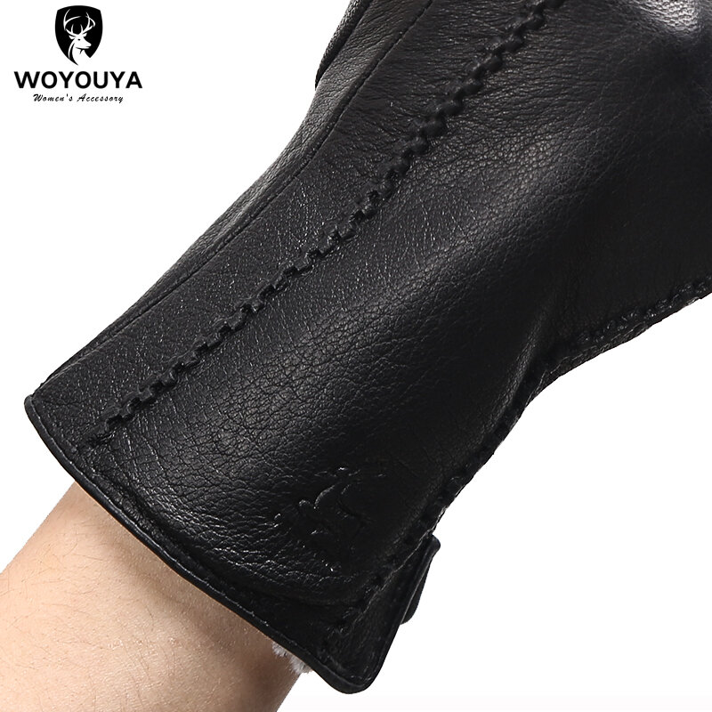 新しい冬のシープスキングローブ、黒の本革の女性の手袋、ブランドの厚くて暖かい女性の革の手袋-2269